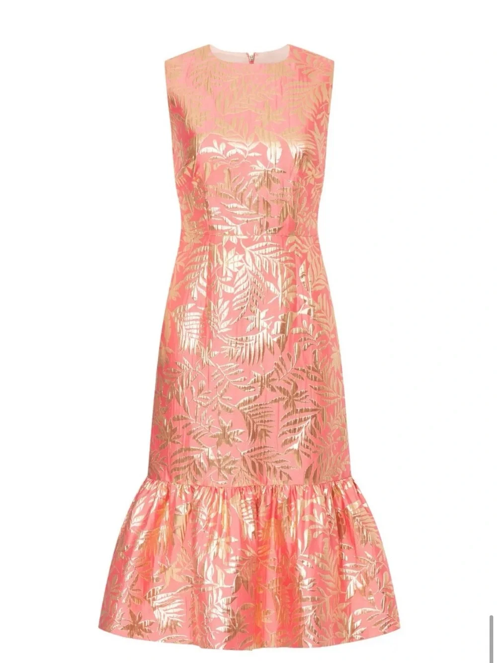 kate spade Coral Metallic Leaf-Print Flounce-Hem Midi Dress - NWT Size 2